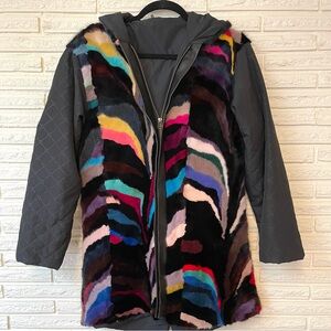 Fox Fur Coat Multicolored Dyed Fur Hooded Chevron Patterned Zip Front Large